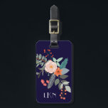 Etiqueta De Bagagem Etiqueta Monograma de Bagagem Botânica<br><div class="desc">Um spray colorido de flores botânicas gráficas decora esta etiqueta de bagagem e pode ser personalizada com três iniciais monográficas e as suas informações de contato no verso. O fundo é um marinho azul rico.</div>
