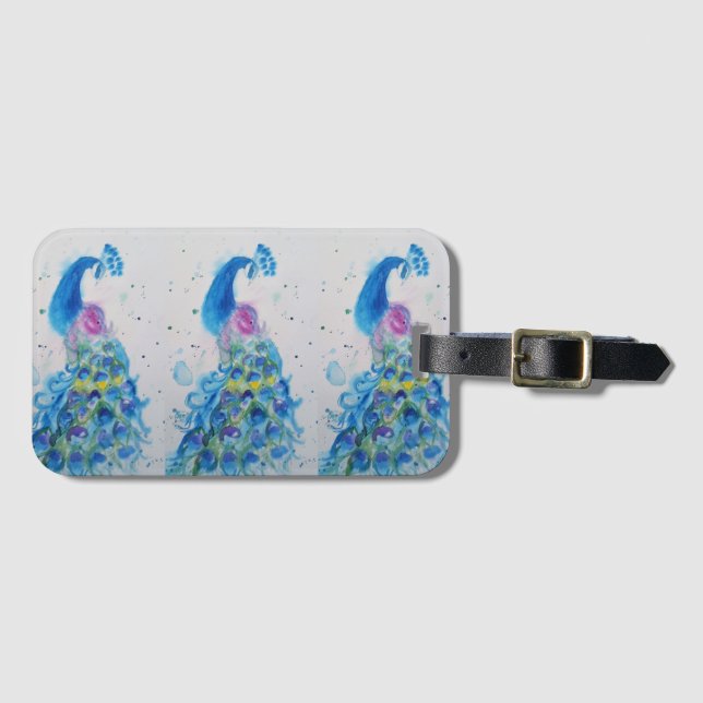 Etiqueta De Bagagem Etiqueta para Bagagem com Ave Pavão Azul em Aquare (Frente Horizontal)