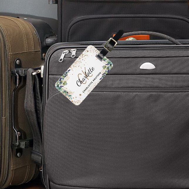 Etiqueta De Bagagem Eucalyptus gold glitter nome do monograma (Criador carregado)