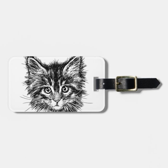 Etiqueta De Bagagem Face de Kitten Preta e Branca (Frente Horizontal)