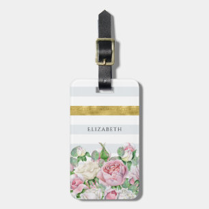 Etiqueta De Bagagem Faixa Dourada FAUX Elegante com Rosas e Nome Rosa
