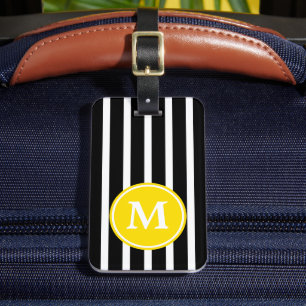 Etiqueta De Bagagem Faixa preta e branca com monograma amarelo