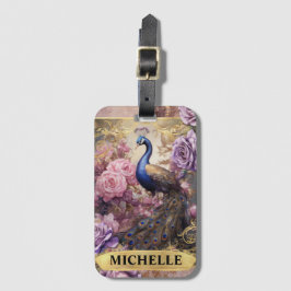 Etiqueta De Bagagem Fantasia Romântica de Peacock e Rosas Roxos