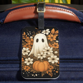 Etiqueta De Bagagem Fantasma Bonito Com Pumpkin E Flores De Queda - Ha