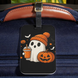 Etiqueta De Bagagem Fantasma de Halloween Fofo com Abóbora e Bebida