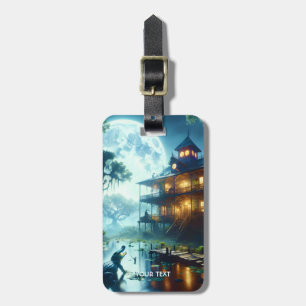 Etiqueta De Bagagem Fantasy Cute Cabin Lake Crocodile