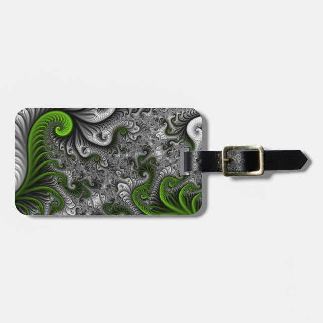 Etiqueta De Bagagem Fantasy Mundo Verde E Arte Fractal Cinza (Frente Horizontal)