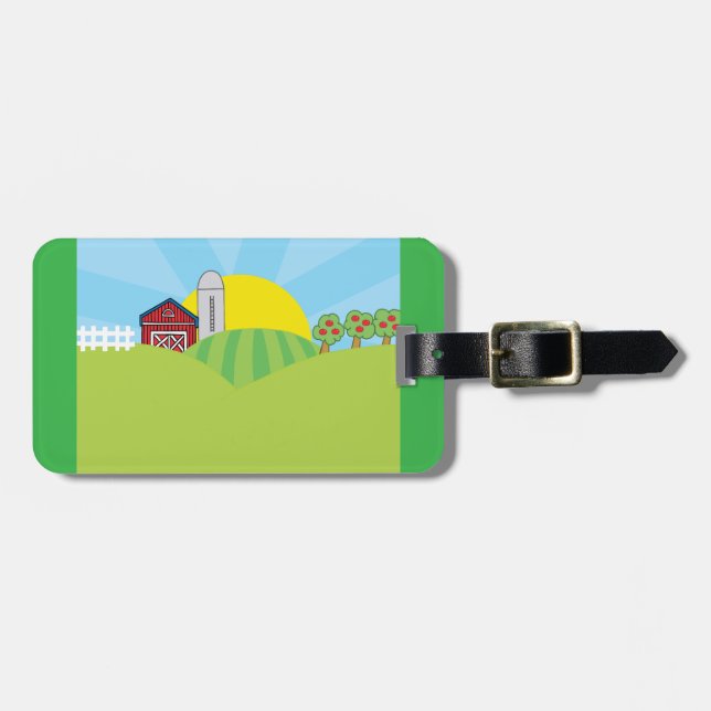 Etiqueta De Bagagem Farm Landscape Red Barn Silo Apple Trees (Frente Horizontal)