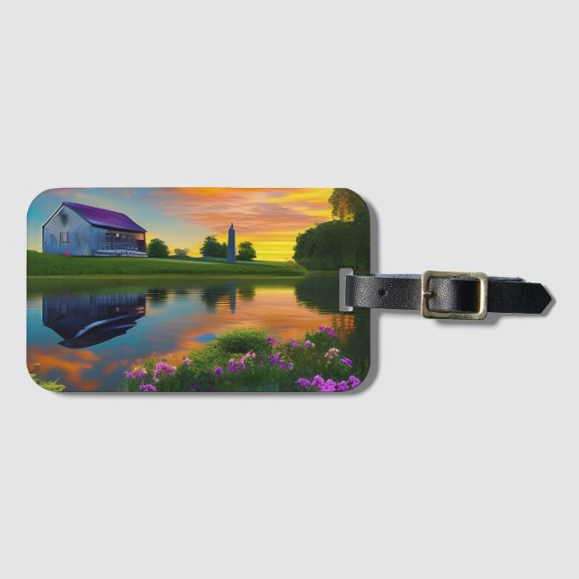 Etiqueta De Bagagem Farmhouse Purple Telhado Pond em Sunrise (Frente Horizontal)