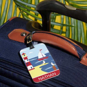 Etiqueta De Bagagem Farol giro e arte costeira de barco personalizada