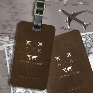 Etiqueta De Bagagem Faux Brown Leather Elegant Classy Traveler Nome