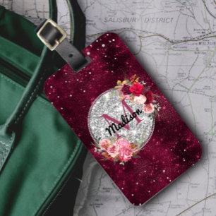 Etiqueta De Bagagem Faux Chic Silver Glitter Burgundy Monograma floral