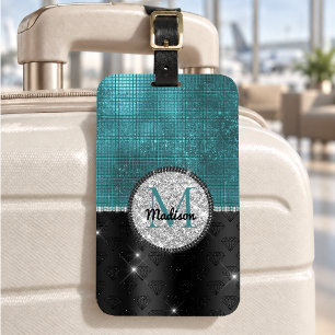 Etiqueta De Bagagem Faux Chic Silver Glitter Turquoise Monograma preto