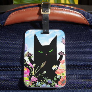 Etiqueta De Bagagem Febre de Primavera do Gato Preto: Gatinho e Flores