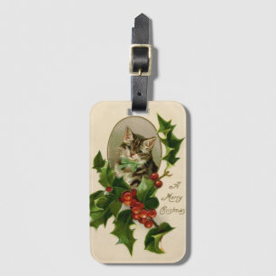 Etiqueta De Bagagem Feliz de Natal Holly Kitten Arte Antiquada