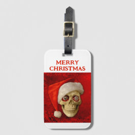 Etiqueta De Bagagem Feliz Natal. Caveira usando chapéu de Papai Noel