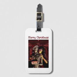 Etiqueta De Bagagem Feliz Natal. Esqueleto engraçado com mulher