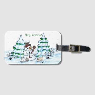 Etiqueta De Bagagem Feliz Natal! Snowman com Cat e Puppy
