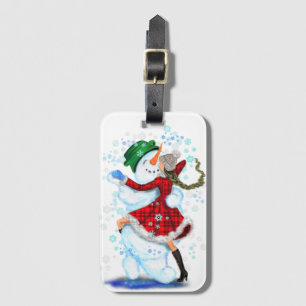 Etiqueta De Bagagem Feliz Snowman e Girl Dance Tango Festa de Natal