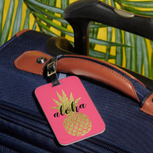 Etiqueta De Bagagem Férias Tropicais de Abacaxi Dourado Rosa-Aloha
