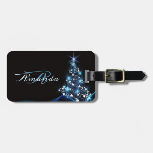 Etiqueta De Bagagem Festa de Natal Árvore Azul Brilhante Preto Elegant