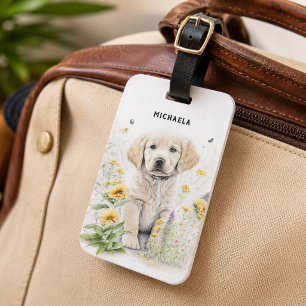 Etiqueta De Bagagem Filhote de Retriever Dourado Personalizado em Flor
