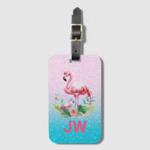 Etiqueta De Bagagem Flamingo Cor-De-Rosa Bonito No Fundo Da Gliteria
