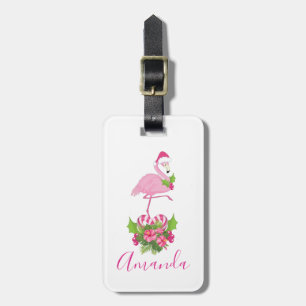 Etiqueta De Bagagem Flamingo cor-de-rosa no Natal Whimsso de Santa Hat