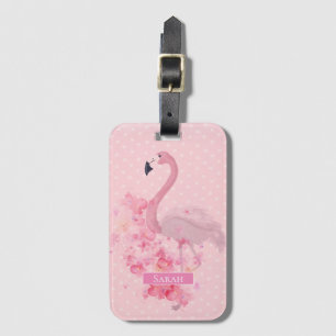 Etiqueta De Bagagem Flamingo Floral e Pontos, Cor de Água Rosa