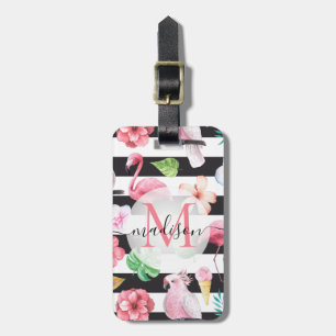 Etiqueta De Bagagem Flamingo Floral Tropical Black Stripes Monograma