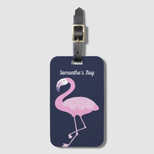 Etiqueta De Bagagem Flamingo Rosa em Azul Escuro com Nome