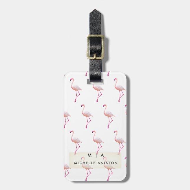 Etiqueta De Bagagem Flamingo Rosa | Monograma personalizado (Frente Vertical)