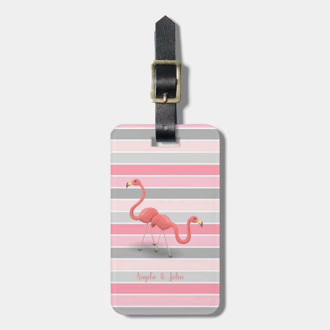 Etiqueta De Bagagem Flamingos Cutis, Stripes Personalizadas (Frente Vertical)