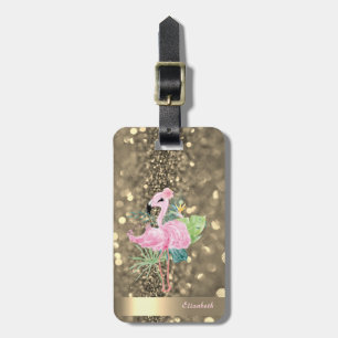 Etiqueta De Bagagem Flamingos de Listra Dourada Glitter Moderno Legal