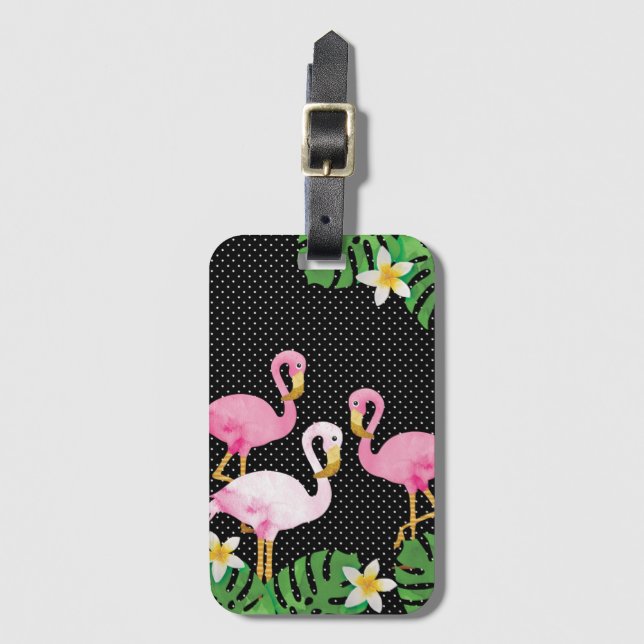 Etiqueta De Bagagem Flamingos e bolinhas dos rosa (Frente Vertical)