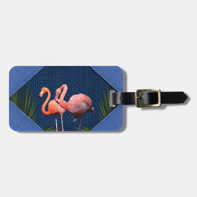 Etiqueta De Bagagem Flamingos Rosa em Tecido Azul Clássico (Frente Horizontal)