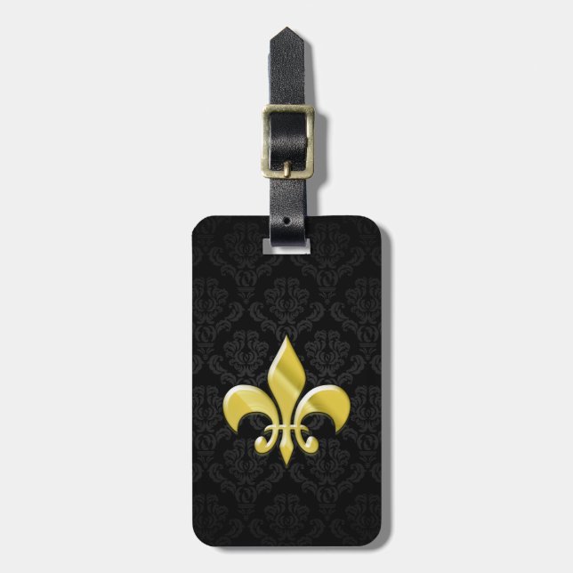Etiqueta De Bagagem Fleur de Lis (Damasco preto/Dourado) (Frente Vertical)