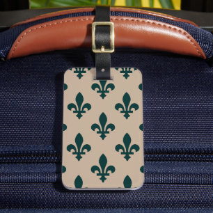 Etiqueta De Bagagem Fleur de Lis Pattern, Real Verde Francês em Creme