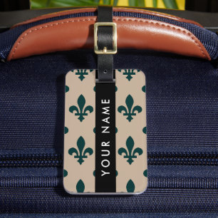Etiqueta De Bagagem Fleur de Lis, Verde sobre Bege, Real, Seu Nome