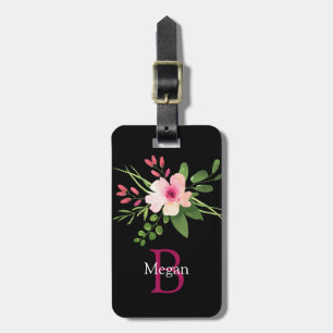 Etiqueta De Bagagem Flor de Aquarela, Nome & Monograma, Info