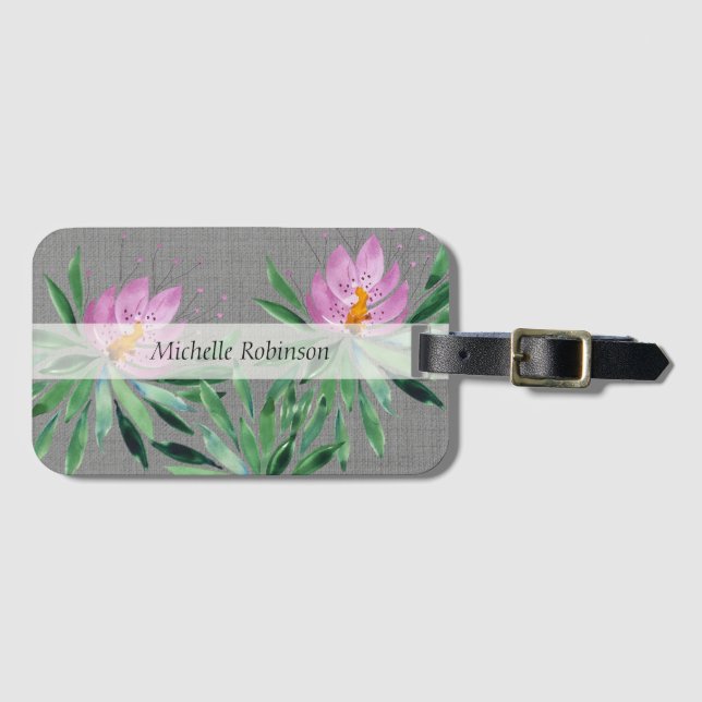 Etiqueta De Bagagem Flor de Lotus de Aquarela Personalizada (Frente Horizontal)