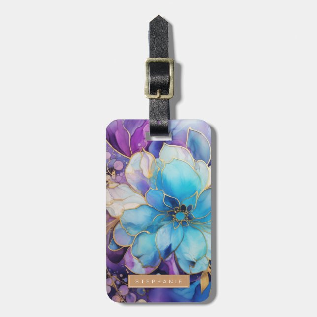 Etiqueta de Bagagem Flor de Ouro e Azul (Frente Vertical)