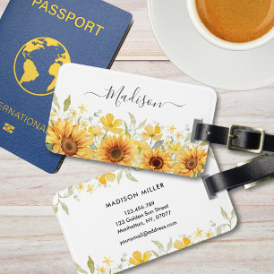 Etiqueta De Bagagem Flor Monograma Amarelo Flor Girassol Botânico