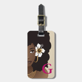 Etiqueta De Bagagem Flor Negra em Cabelo, Monograma, Rosa e bege