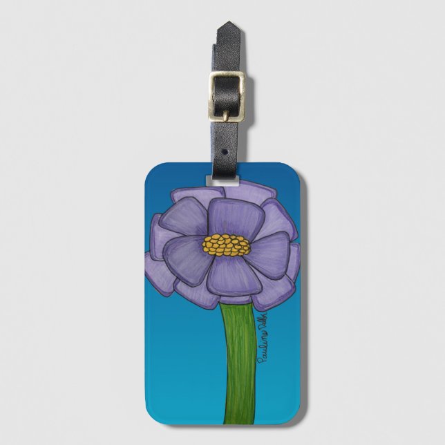 Etiqueta De Bagagem Flor quadrada roxa com fundo azul (Frente Vertical)