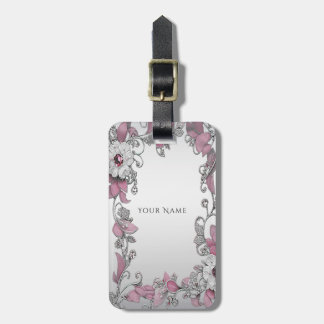 Etiqueta de Bagagem Floral Branca de Prata Rosa