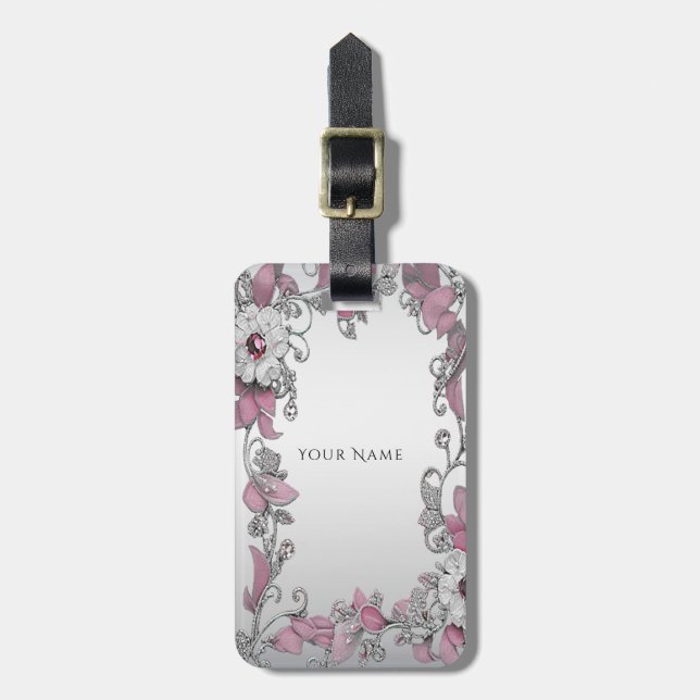 Etiqueta de Bagagem Floral Branca de Prata Rosa (Frente Vertical)
