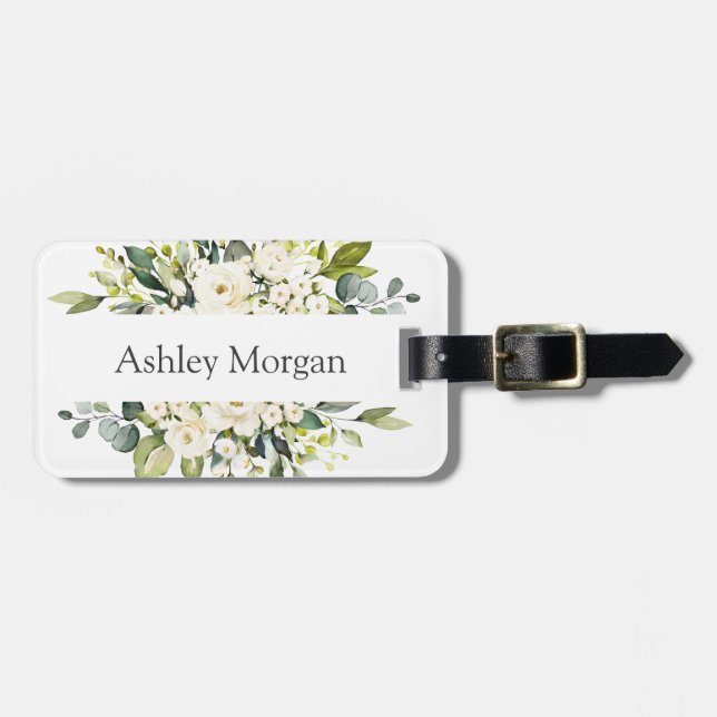 Etiqueta De Bagagem Floral Branca Simples Rosa Verde (Frente Horizontal)