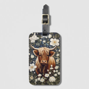 Etiqueta De Bagagem Floral Branco Elegante de Vaca Highland