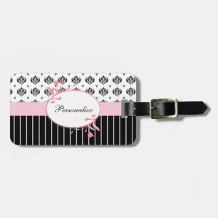 Etiqueta De Bagagem Floral cor-de-rosa chique do damasco preto e